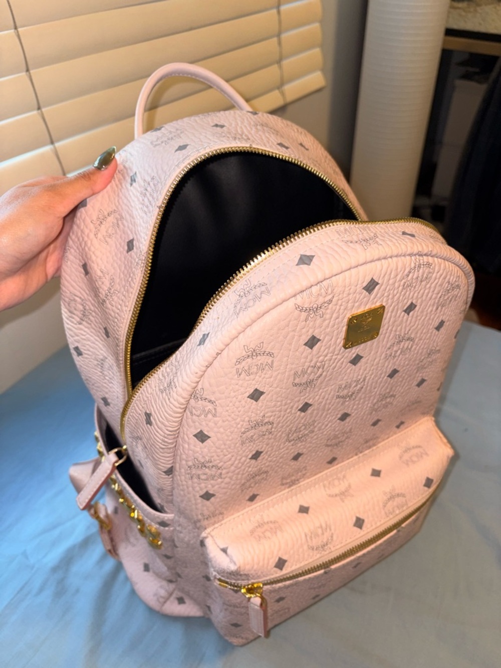 MCM Pink Logo Monogram Backpack with Gold Hardware